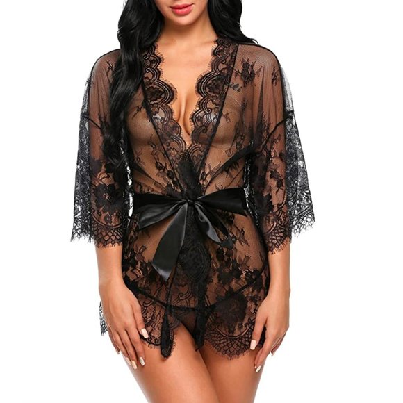 Black Lace Lingerie Robe And Thong Set With Satiny Belt - Picture 8 of 16